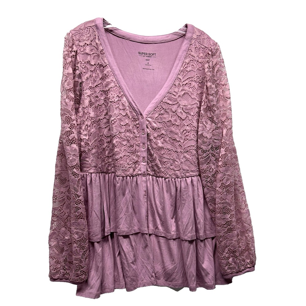 Torrid Women's 2X Pink Babydoll Lace Supersoft Mix Tier Button Up Long Sleeve(I3